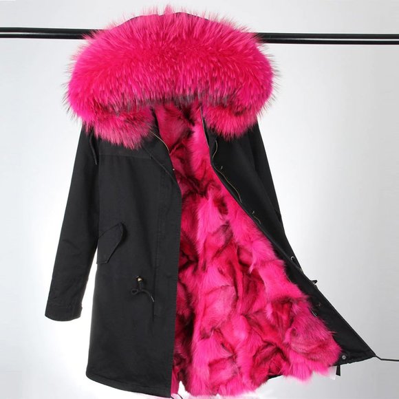 NEW POMKIN ROSE PINK FOX FUR BLACK WINTER COAT PARKA SIZE S SMALL 0/2 - Picture 1 of 12